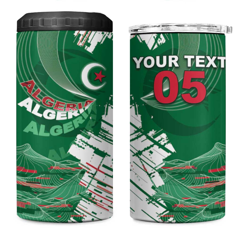 Custom Algeria Football 4 in 1 Can Cooler Tumbler Glitch Effect Desert Lines And Star Crescent
