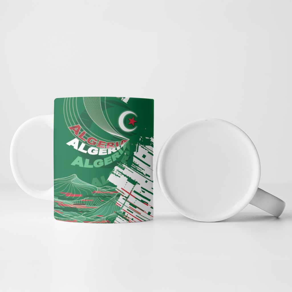 Custom Algeria Football Ceramic Mug Glitch Effect Desert Lines And Star Crescent