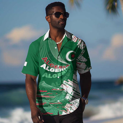 Custom Algeria Football Hawaiian Shirt Glitch Effect Desert Lines And Star Crescent