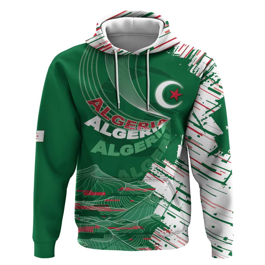 Custom Algeria Football Hoodie Glitch Effect Desert Lines And Star Crescent
