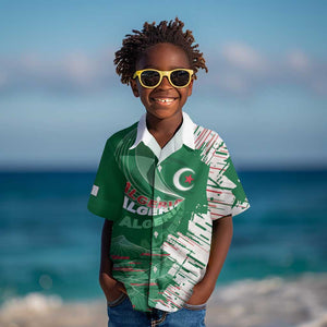 Custom Algeria Football Kid Hawaiian Shirt Glitch Effect Desert Lines And Star Crescent