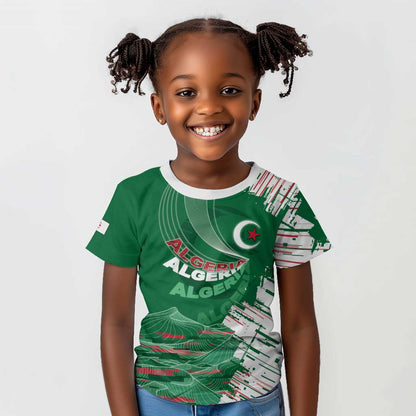 Custom Algeria Football Kid T shirt Glitch Effect Desert Lines And Star Crescent