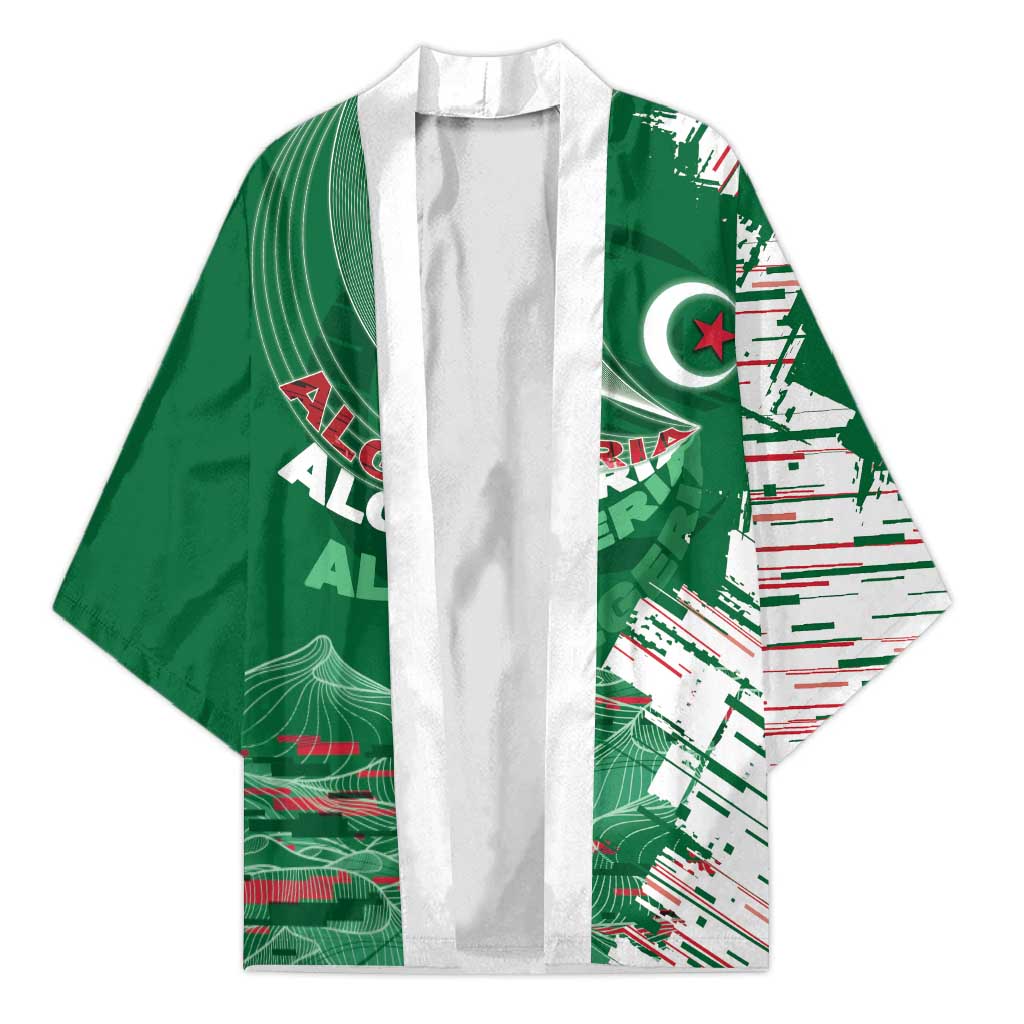 Custom Algeria Football Kimono Glitch Effect Desert Lines And Star Crescent