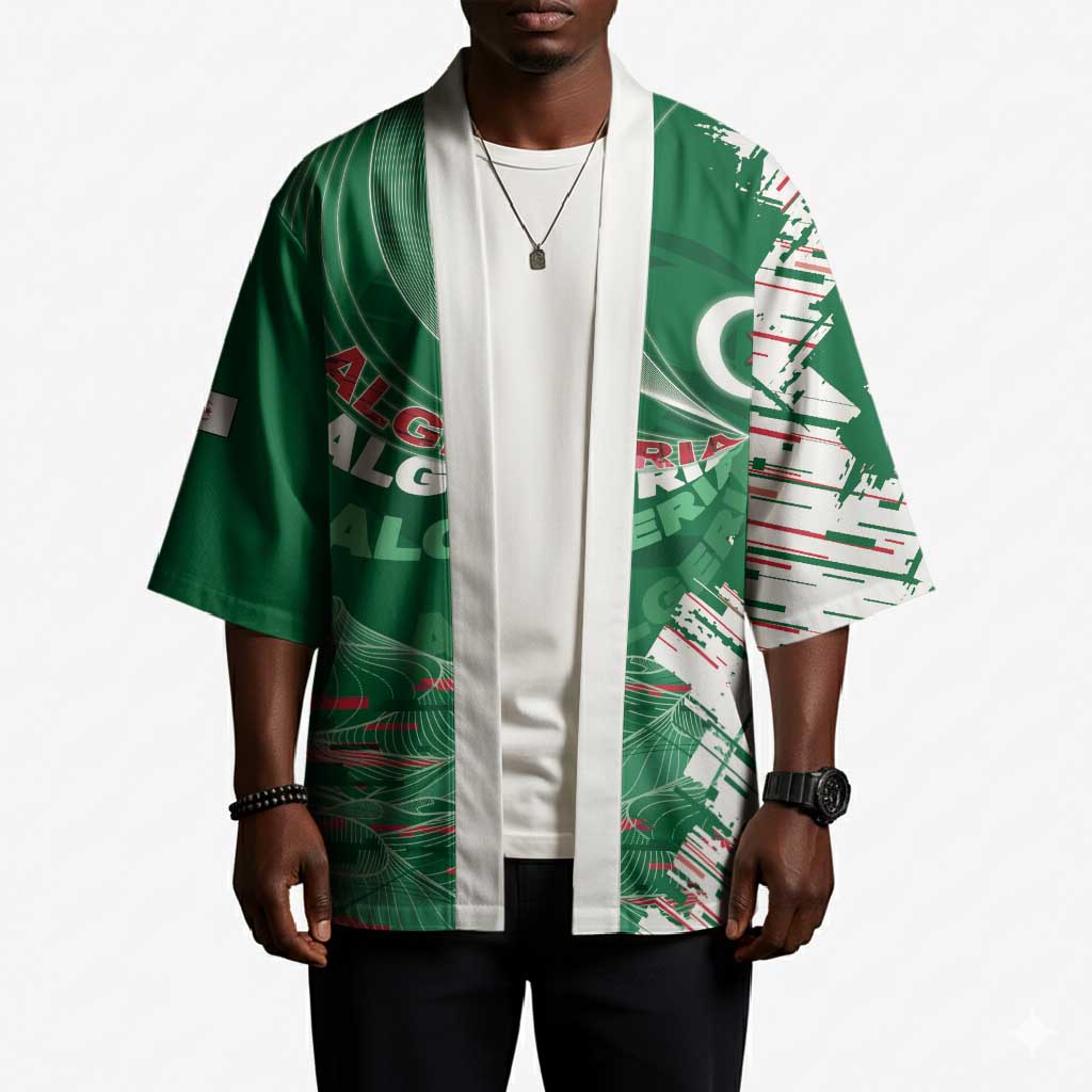 Custom Algeria Football Kimono Glitch Effect Desert Lines And Star Crescent