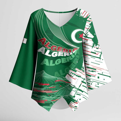 Custom Algeria Football Kimono Sleeve Blouse Glitch Effect Desert Lines And Star Crescent