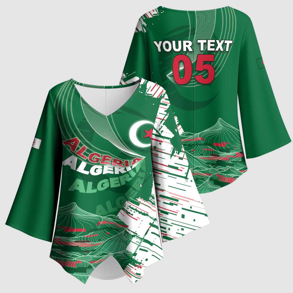 Custom Algeria Football Kimono Sleeve Blouse Glitch Effect Desert Lines And Star Crescent