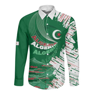 Custom Algeria Football Long Sleeve Button Shirt Glitch Effect Desert Lines And Star Crescent
