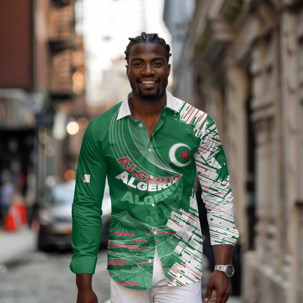 Custom Algeria Football Long Sleeve Button Shirt Glitch Effect Desert Lines And Star Crescent