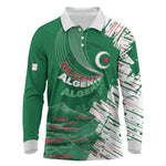 Custom Algeria Football Long Sleeve Polo Shirt Glitch Effect Desert Lines And Star Crescent