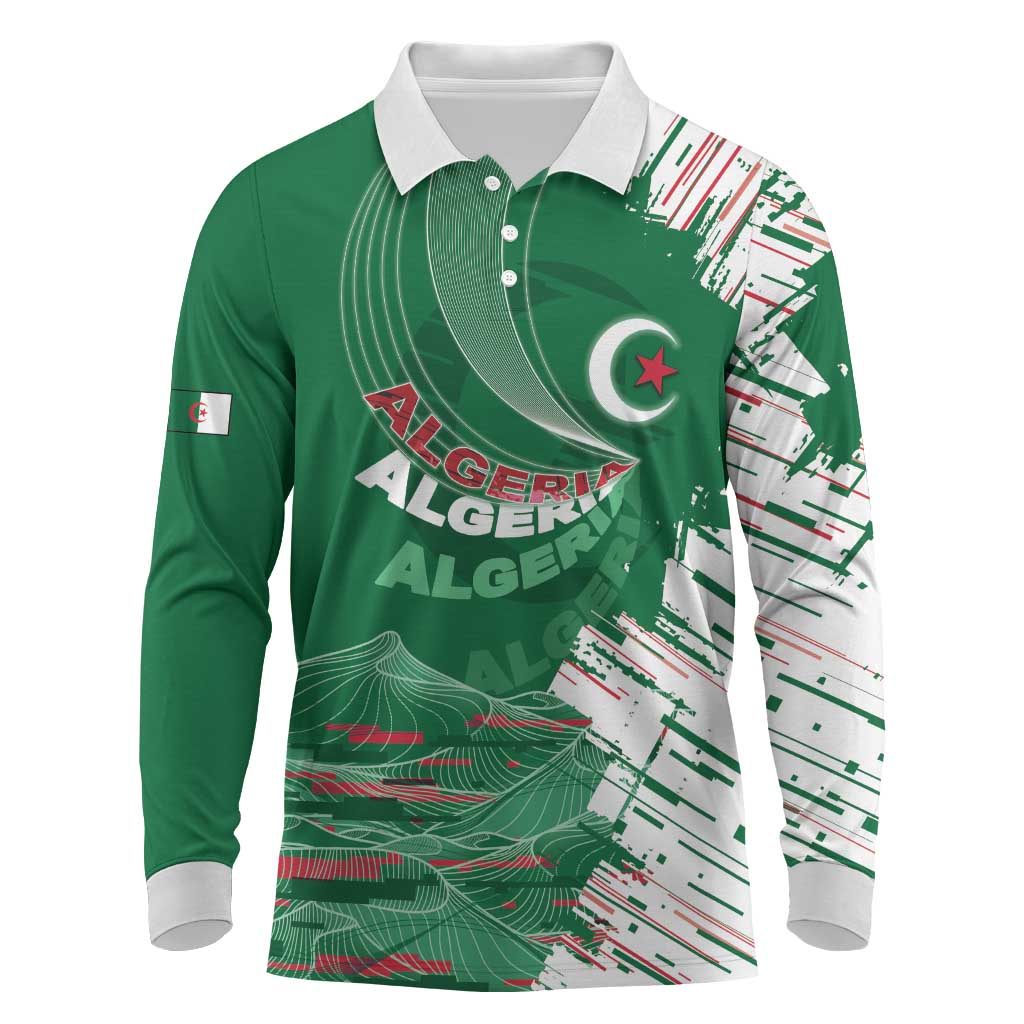 Custom Algeria Football Long Sleeve Polo Shirt Glitch Effect Desert Lines And Star Crescent