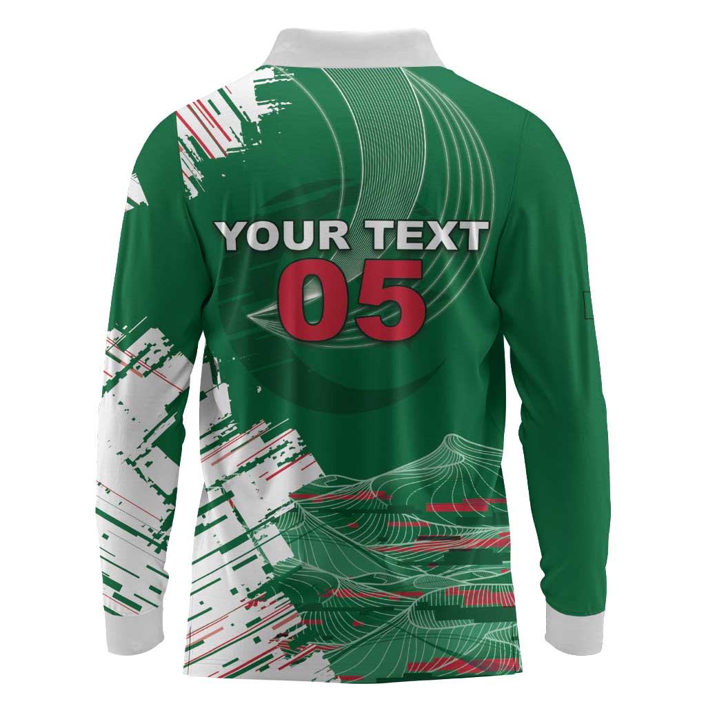 Custom Algeria Football Long Sleeve Polo Shirt Glitch Effect Desert Lines And Star Crescent