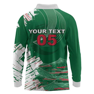 Custom Algeria Football Long Sleeve Polo Shirt Glitch Effect Desert Lines And Star Crescent