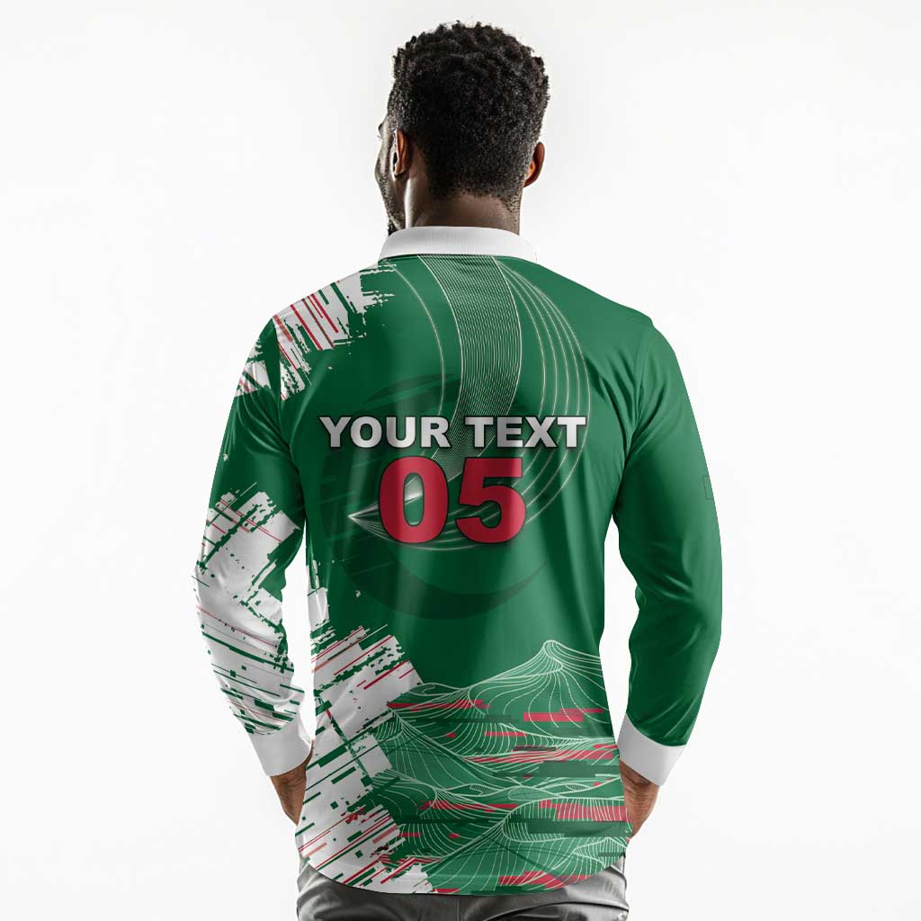Custom Algeria Football Long Sleeve Polo Shirt Glitch Effect Desert Lines And Star Crescent