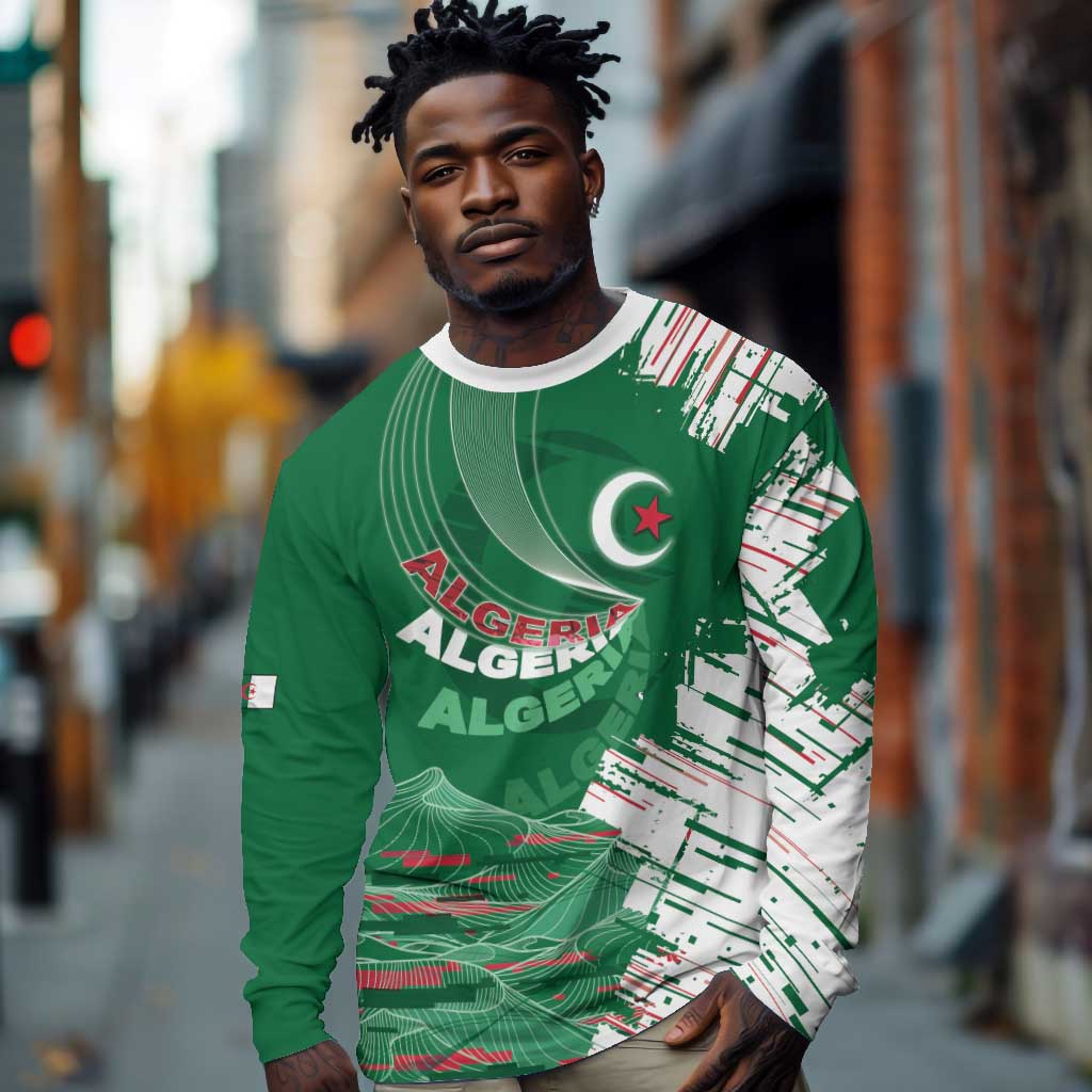 Custom Algeria Football Long Sleeve Shirt Glitch Effect Desert Lines And Star Crescent