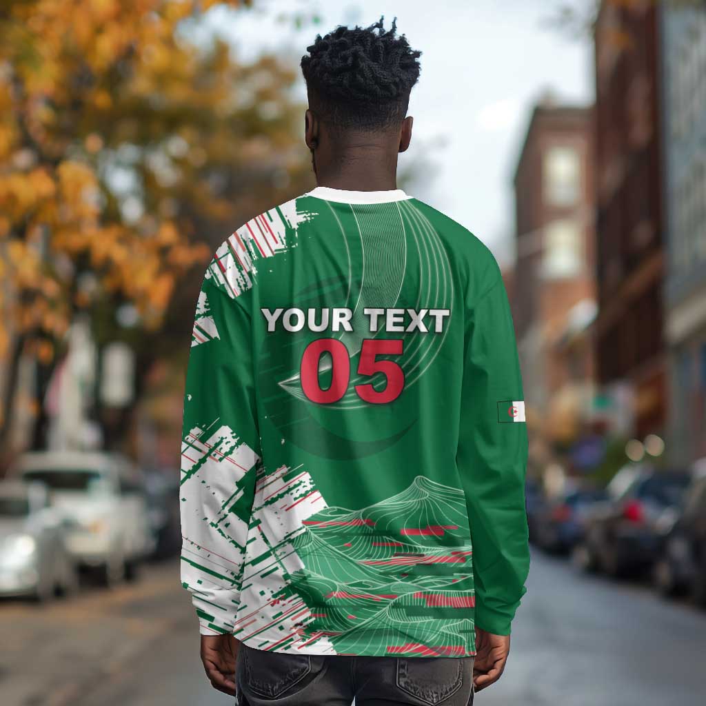 Custom Algeria Football Long Sleeve Shirt Glitch Effect Desert Lines And Star Crescent