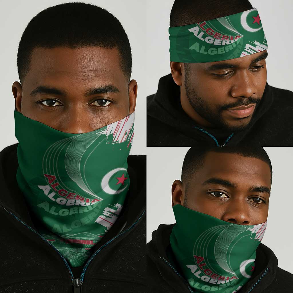 Algeria Football Neck Gaiter Glitch Effect Desert Lines And Star Crescent