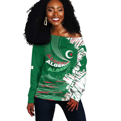 Custom Algeria Football Off Shoulder Sweater Glitch Effect Desert Lines And Star Crescent