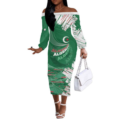 Custom Algeria Football Off The Shoulder Long Sleeve Dress Glitch Effect Desert Lines And Star Crescent