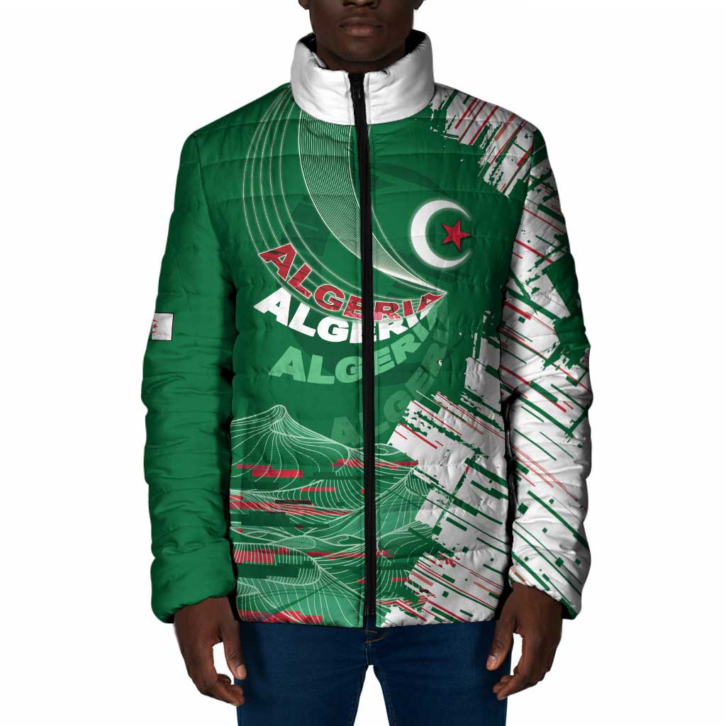 Custom Algeria Football Padded Jacket Glitch Effect Desert Lines And Star Crescent