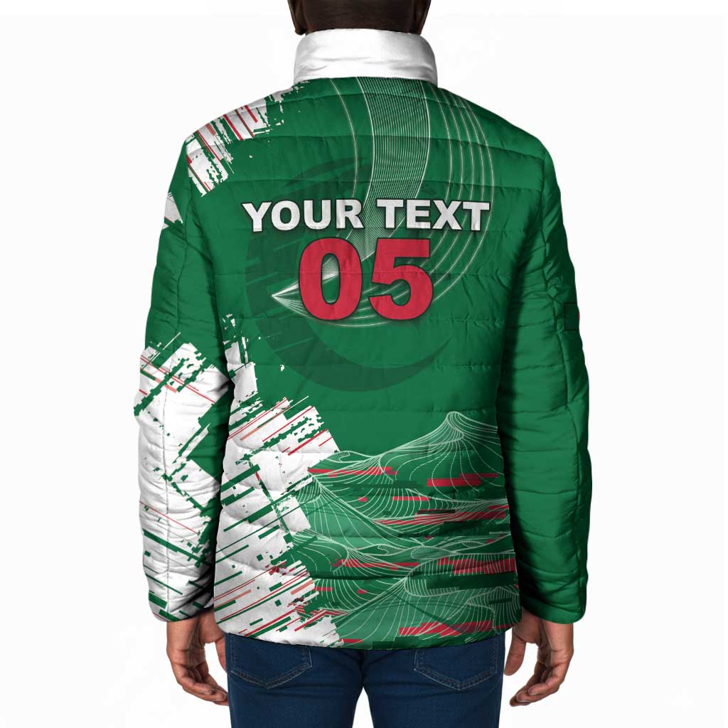 Custom Algeria Football Padded Jacket Glitch Effect Desert Lines And Star Crescent