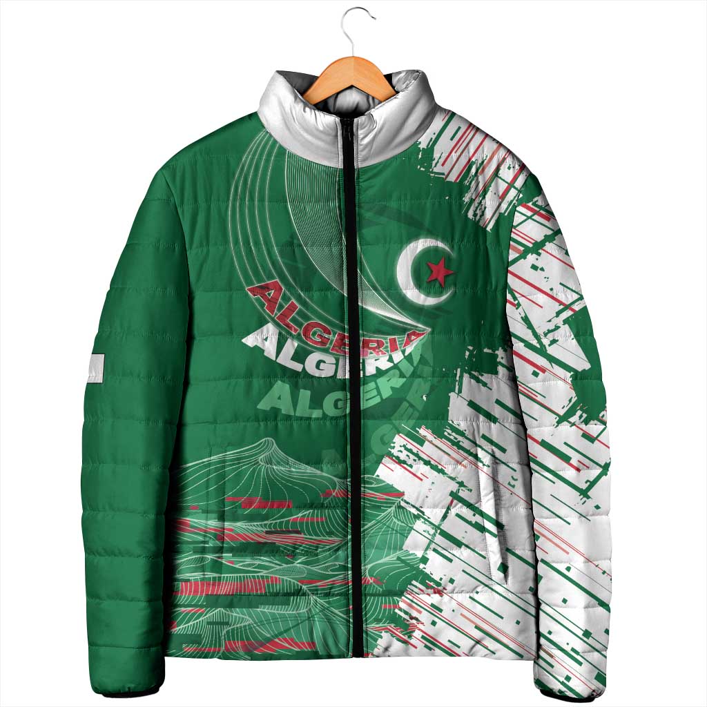 Custom Algeria Football Padded Jacket Glitch Effect Desert Lines And Star Crescent