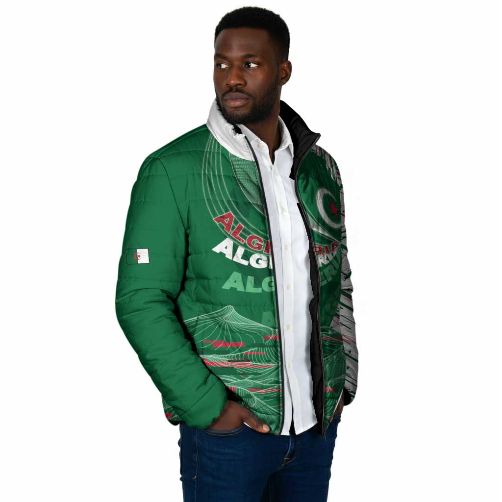 Custom Algeria Football Padded Jacket Glitch Effect Desert Lines And Star Crescent