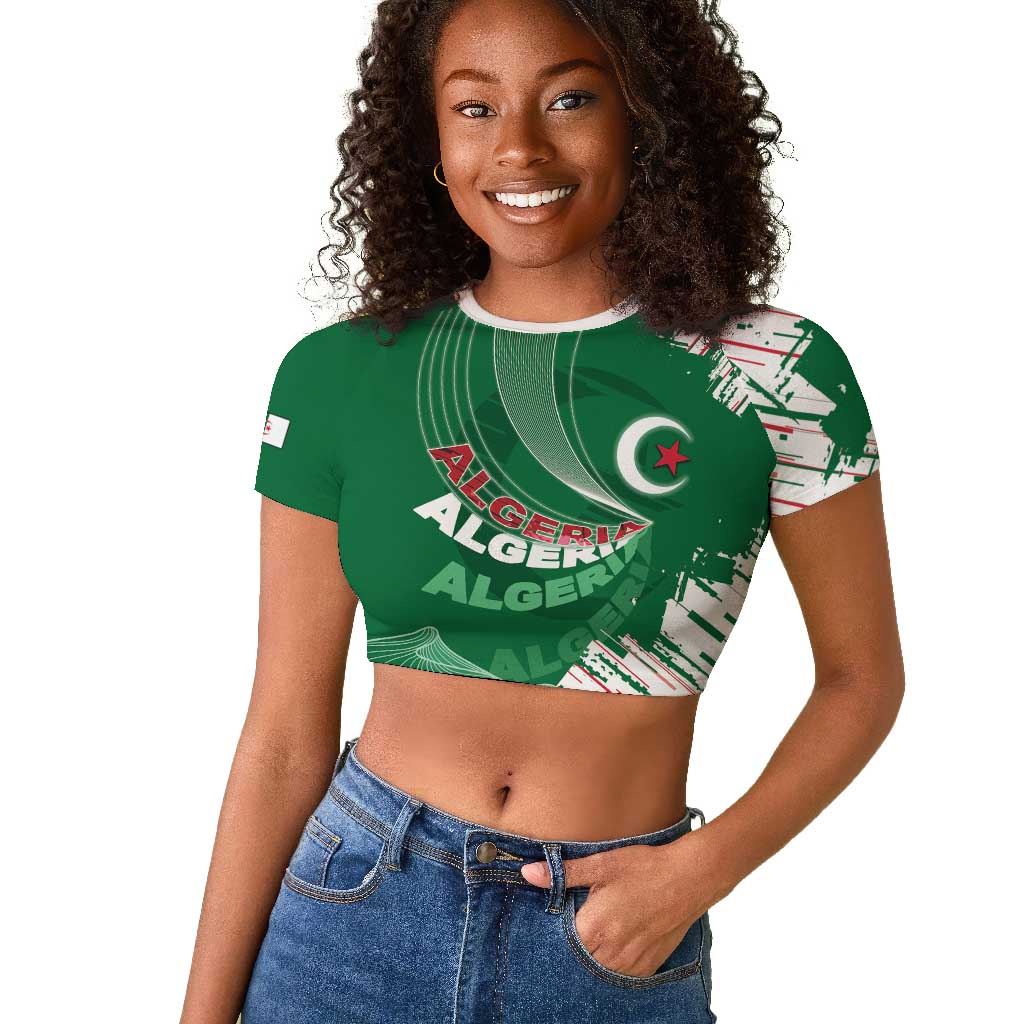 Custom Algeria Football Raglan Cropped T shirt Glitch Effect Desert Lines And Star Crescent