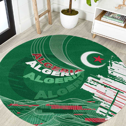 Algeria Football Round Carpet Glitch Effect Desert Lines And Star Crescent