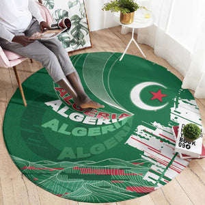 Algeria Football Round Carpet Glitch Effect Desert Lines And Star Crescent