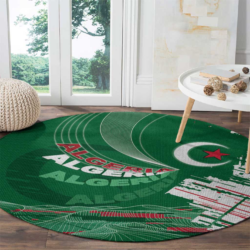 Algeria Football Round Carpet Glitch Effect Desert Lines And Star Crescent