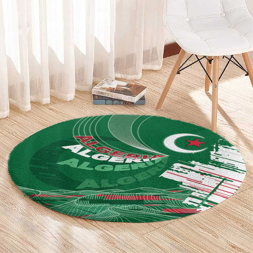 Algeria Football Round Carpet Glitch Effect Desert Lines And Star Crescent