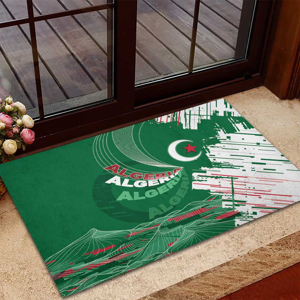 Algeria Football Rubber Doormat Glitch Effect Desert Lines And Star Crescent