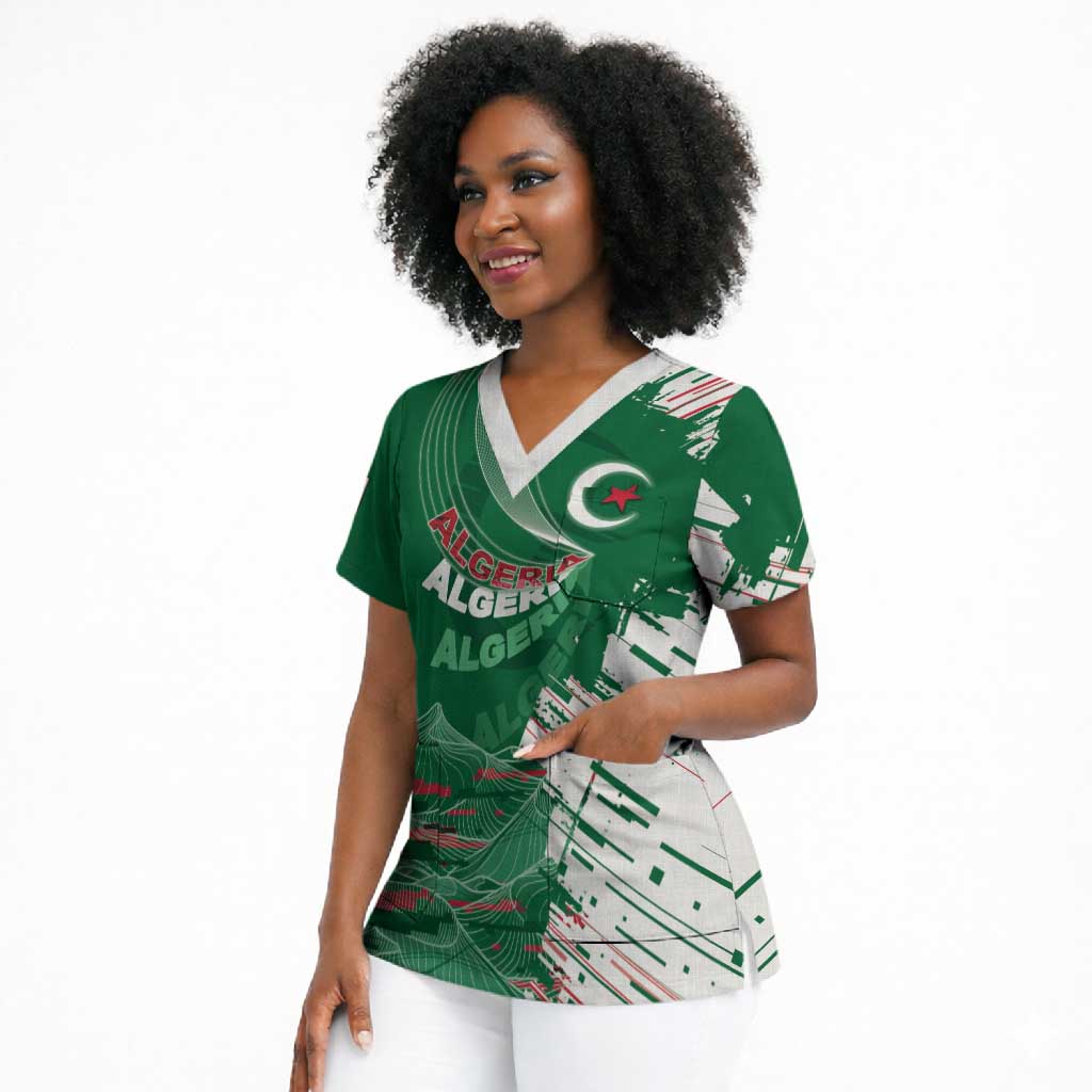 Custom Algeria Football Scrub Top Glitch Effect Desert Lines And Star Crescent