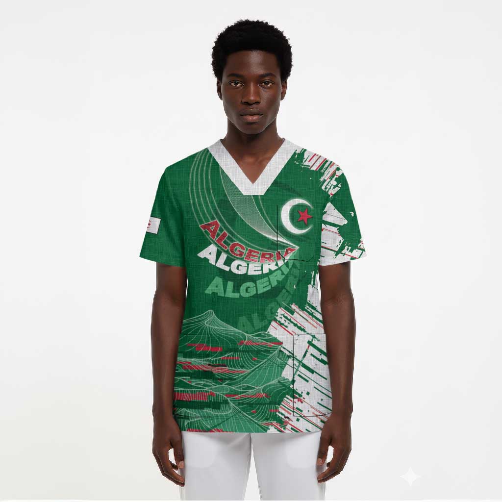 Custom Algeria Football Scrub Top Glitch Effect Desert Lines And Star Crescent