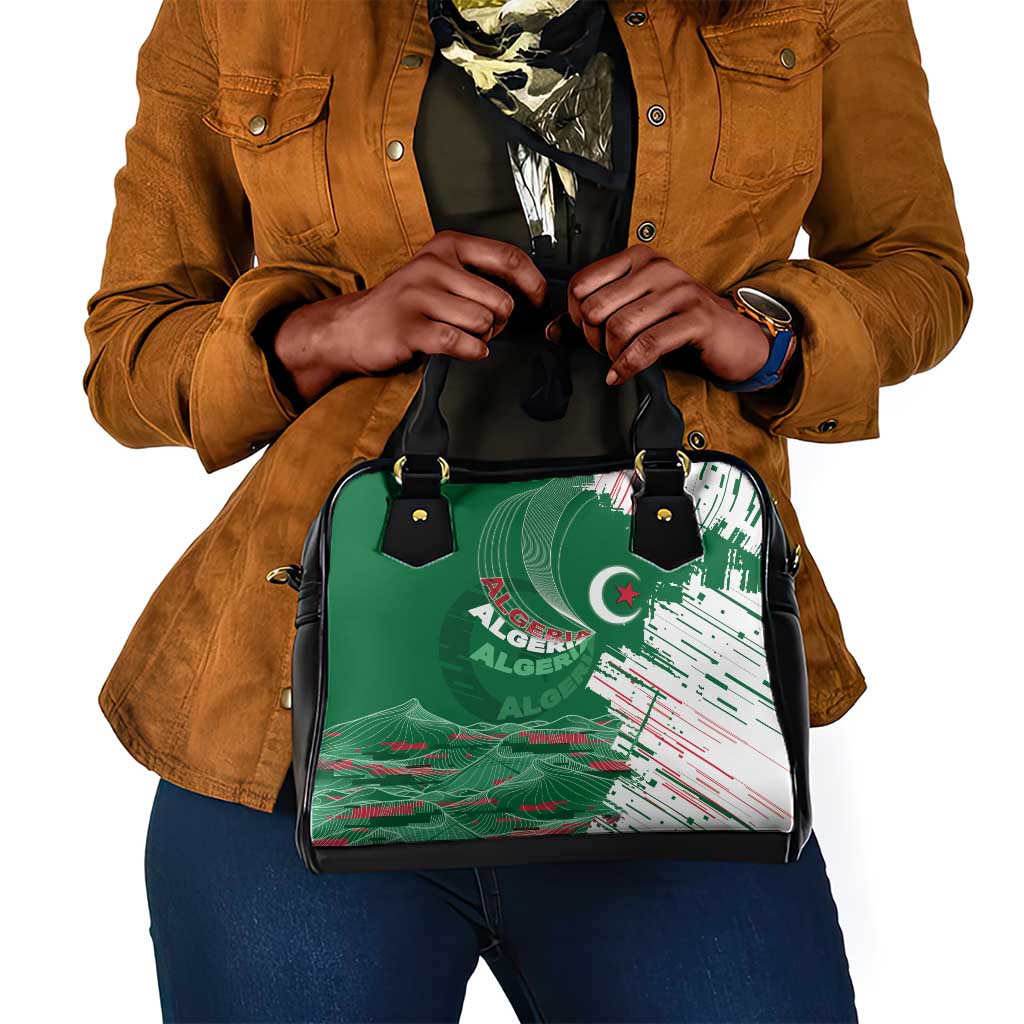 Algeria Football Shoulder Handbag Glitch Effect Desert Lines And Star Crescent