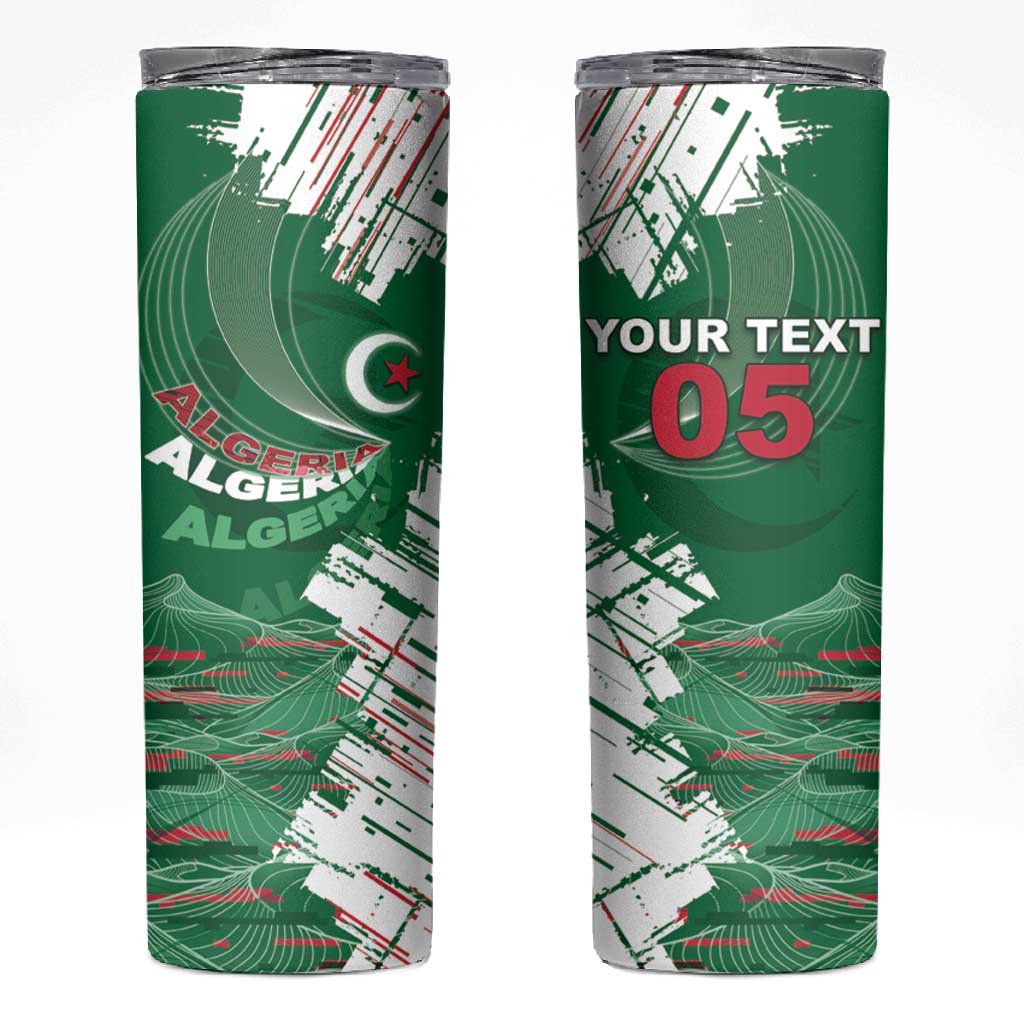 Custom Algeria Football Skinny Tumbler Glitch Effect Desert Lines And Star Crescent