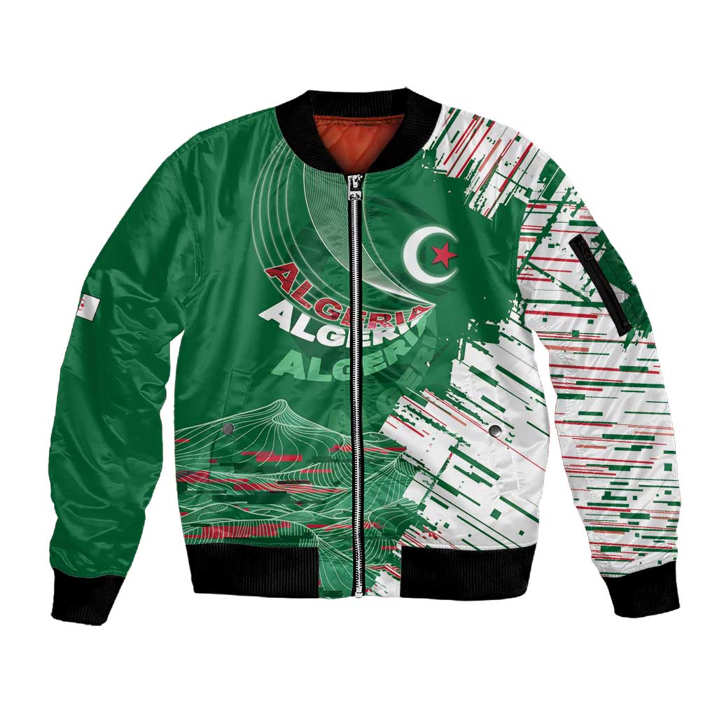 Custom Algeria Football Sleeve Zip Bomber Jacket Glitch Effect Desert Lines And Star Crescent