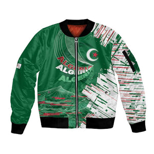 Custom Algeria Football Sleeve Zip Bomber Jacket Glitch Effect Desert Lines And Star Crescent