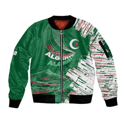 Custom Algeria Football Sleeve Zip Bomber Jacket Glitch Effect Desert Lines And Star Crescent