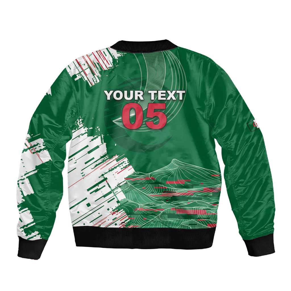 Custom Algeria Football Sleeve Zip Bomber Jacket Glitch Effect Desert Lines And Star Crescent