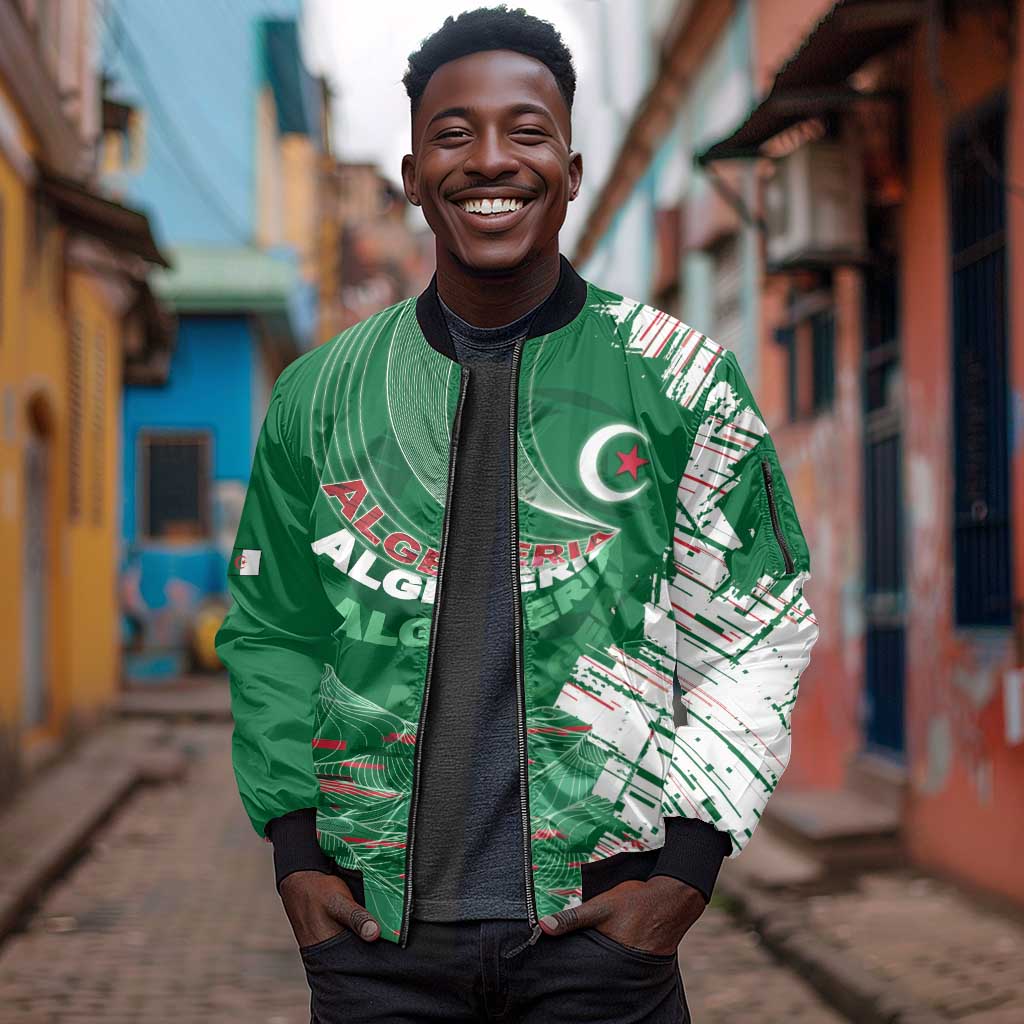 Custom Algeria Football Sleeve Zip Bomber Jacket Glitch Effect Desert Lines And Star Crescent