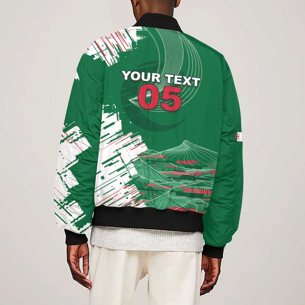 Custom Algeria Football Sleeve Zip Bomber Jacket Glitch Effect Desert Lines And Star Crescent