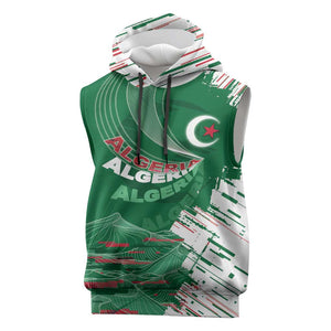 Custom Algeria Football Sleeveless Hoodie Glitch Effect Desert Lines And Star Crescent