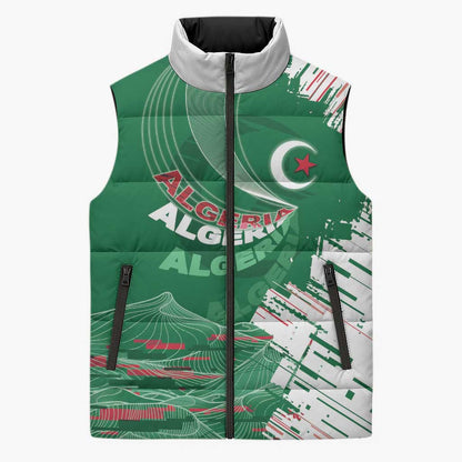 Custom Algeria Football Sleeveless Puffer Jacket Glitch Effect Desert Lines And Star Crescent