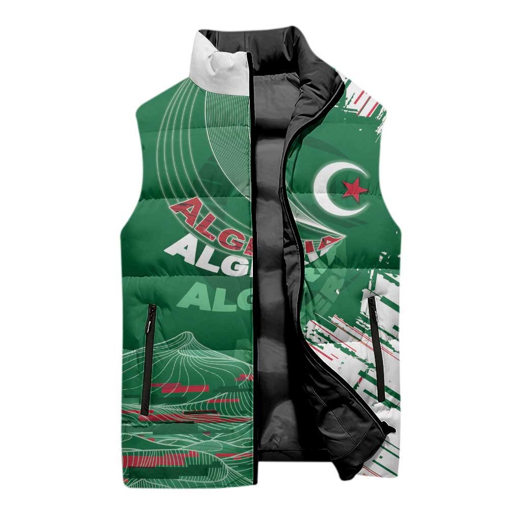 Custom Algeria Football Sleeveless Puffer Jacket Glitch Effect Desert Lines And Star Crescent