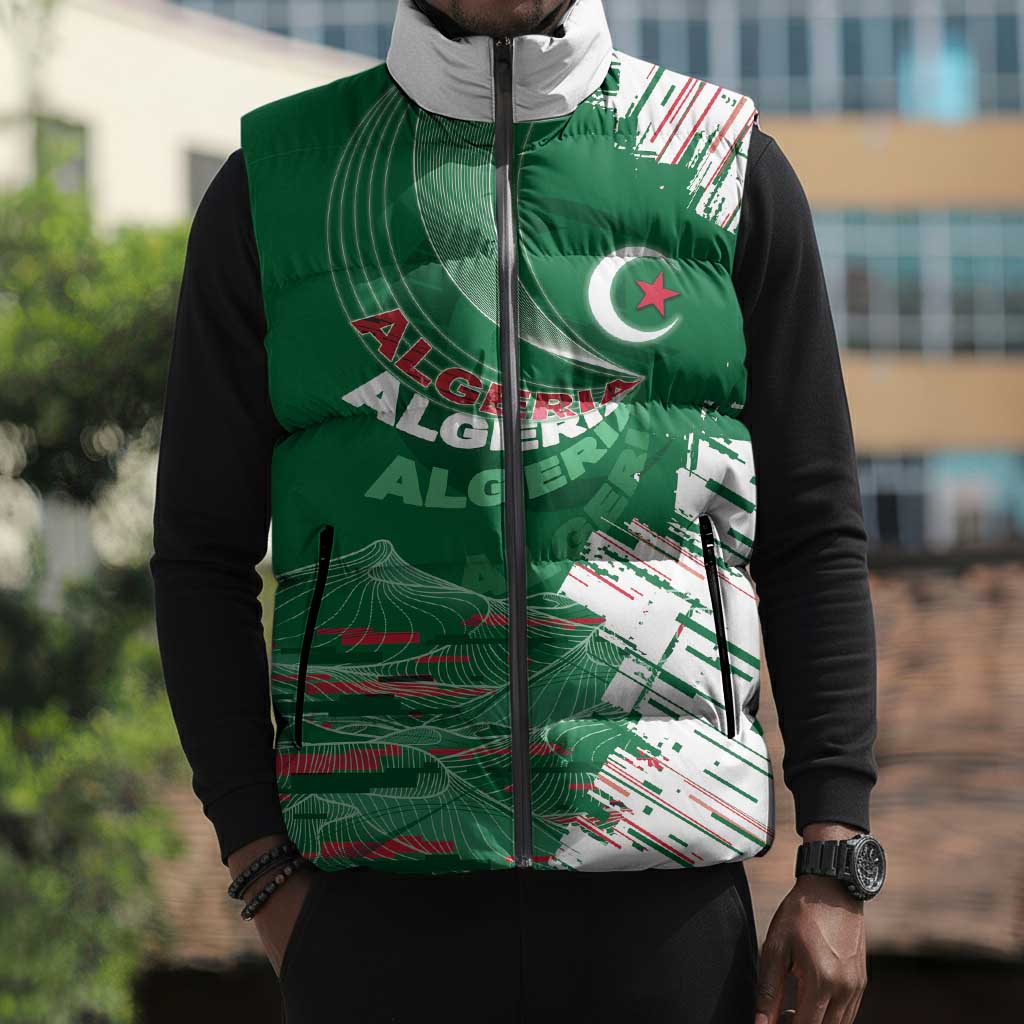 Custom Algeria Football Sleeveless Puffer Jacket Glitch Effect Desert Lines And Star Crescent