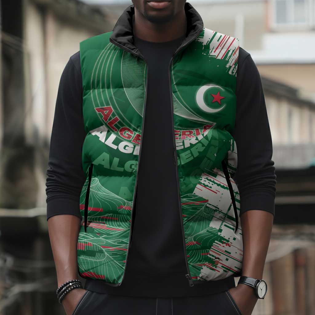 Custom Algeria Football Sleeveless Puffer Jacket Glitch Effect Desert Lines And Star Crescent