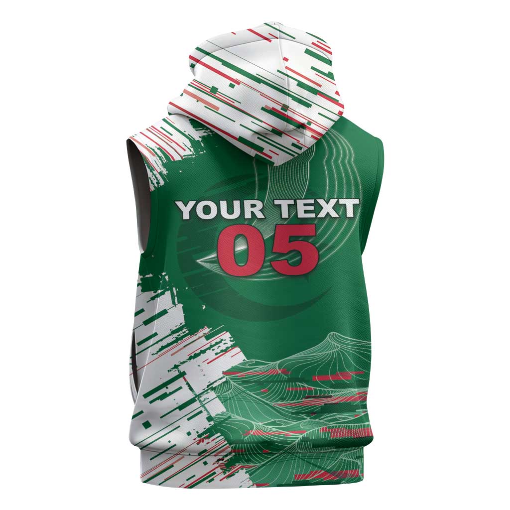Custom Algeria Football Sleeveless Zip Hoodie Glitch Effect Desert Lines And Star Crescent