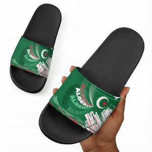 Algeria Football Slide Sandals Glitch Effect Desert Lines And Star Crescent