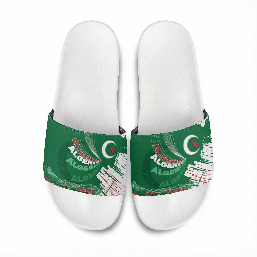 Algeria Football Slide Sandals Glitch Effect Desert Lines And Star Crescent